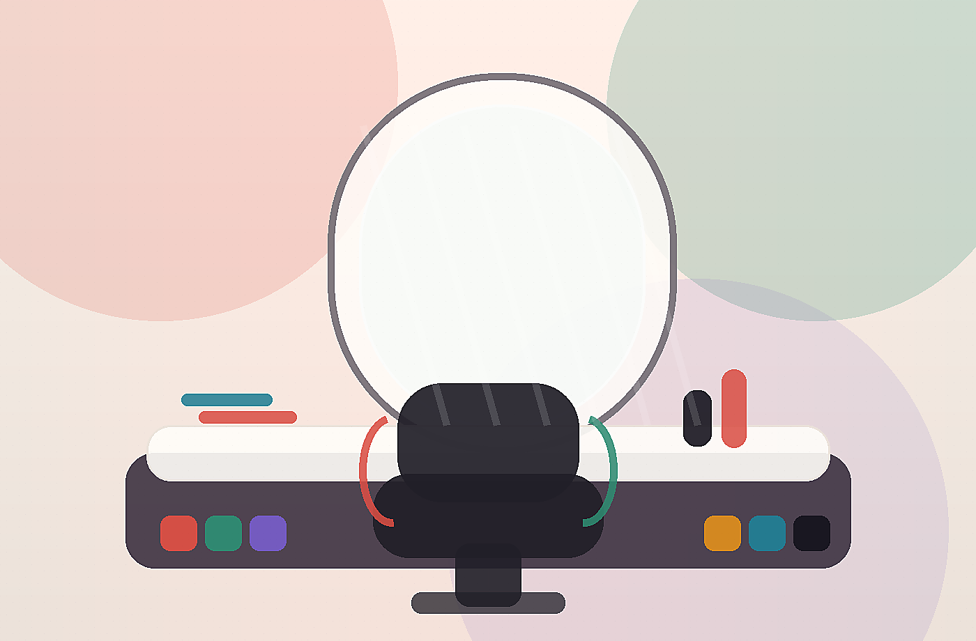 Warm salon station with mirror, styling chair, and color swatches